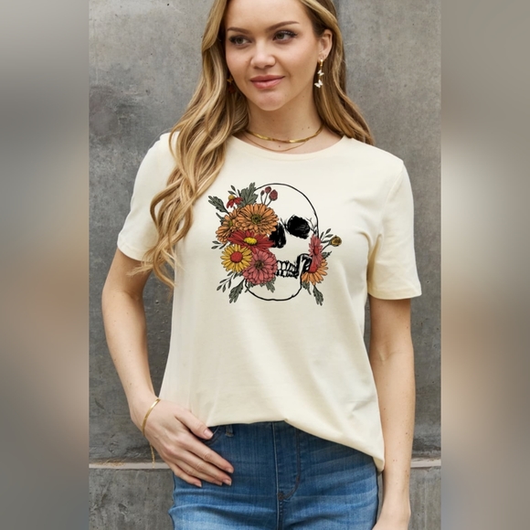 100% Cotton Bright Colorful Floral Skull Graphic Short-sleeve Tee Shirt Ivory - Picture 4 of 10
